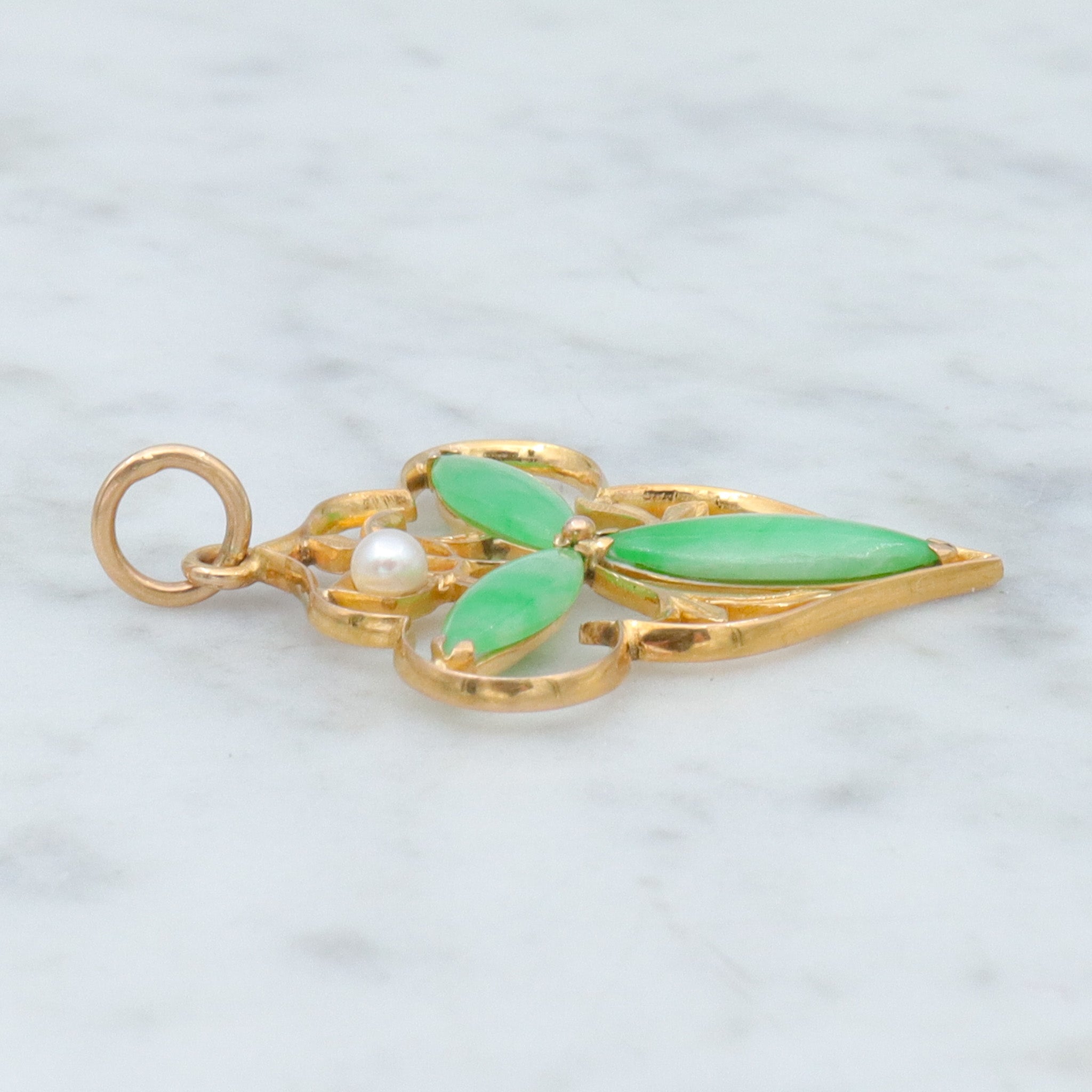 Antique Art Nouveau 14k gold jade & pearl foliate pendant